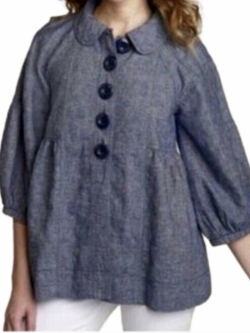 Free People Chambray Babydoll Style Linen Blend
Balloon Sleeve Jacket